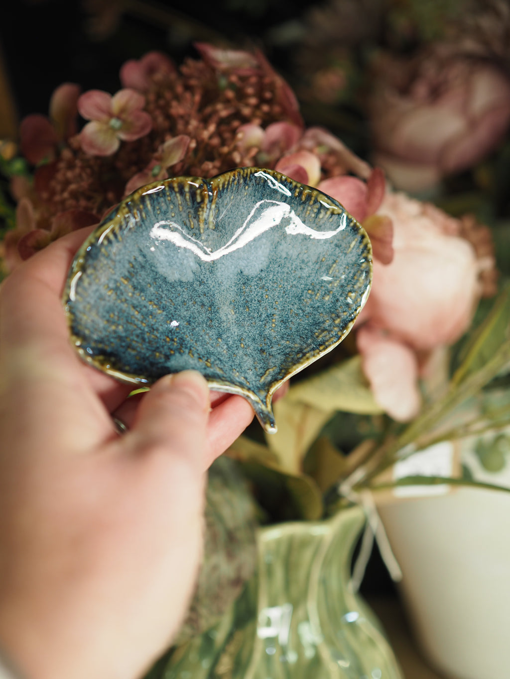Blue reactive stoneware gingko trinket dish