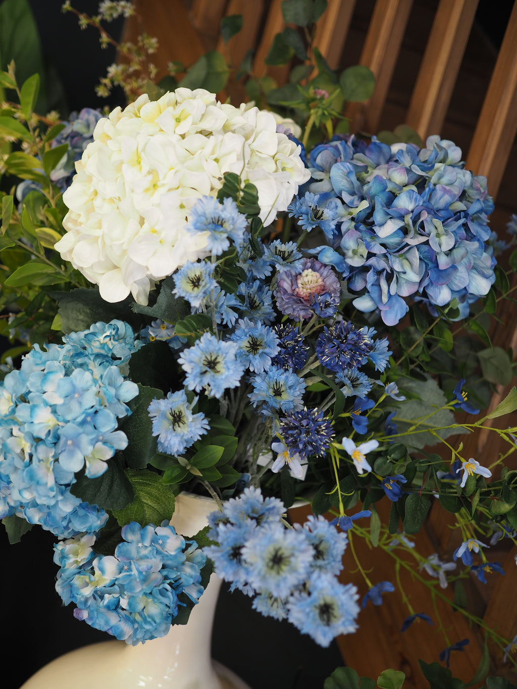 Large blue & cream hydrangea bouquet