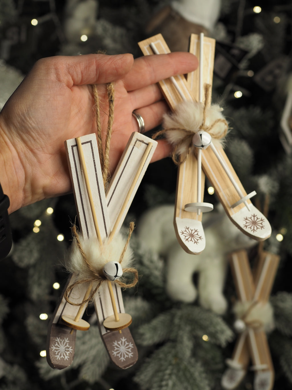 Wooden skis with snowflake