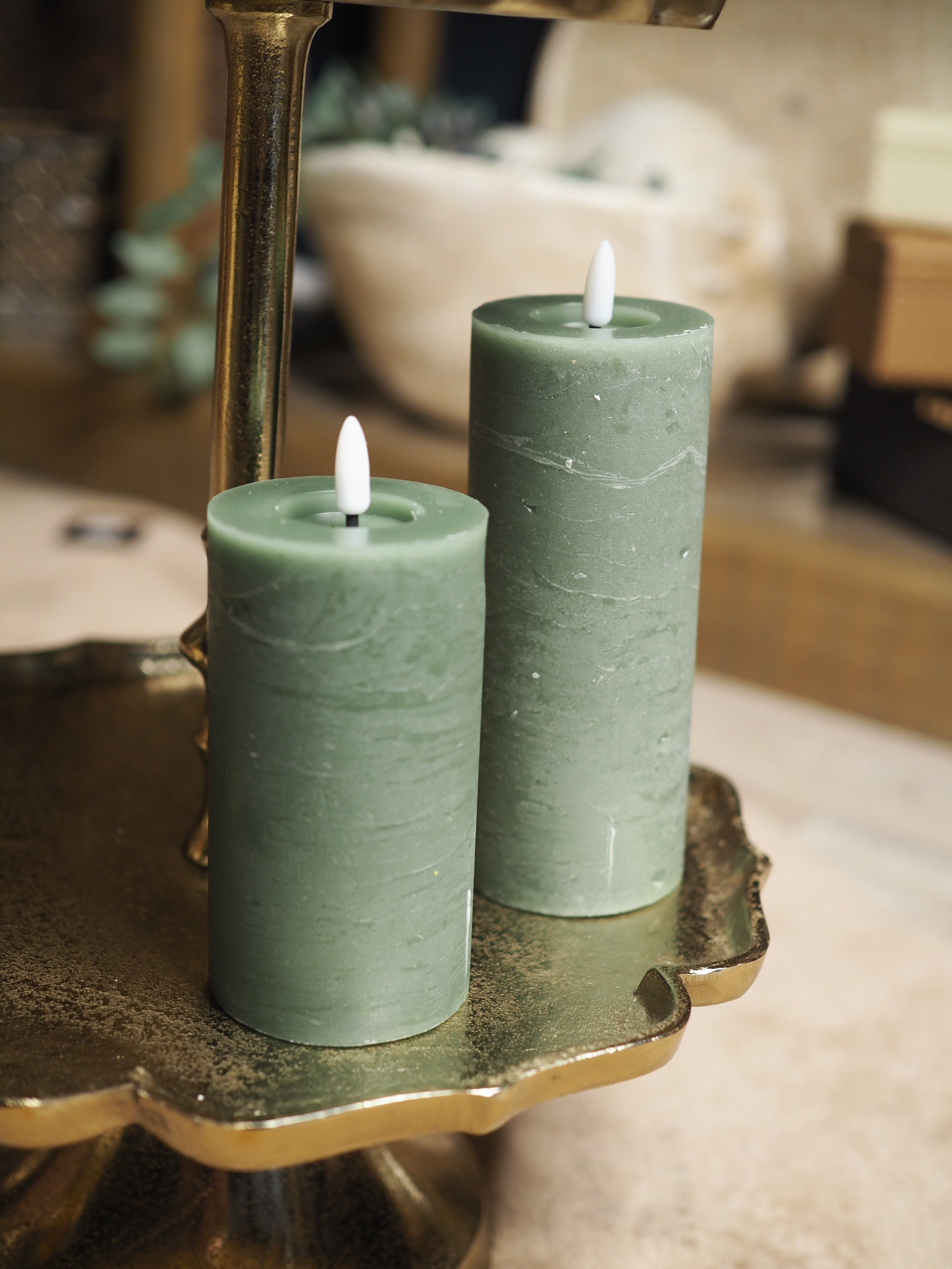 Green LED wax pillar candle (19cmH)