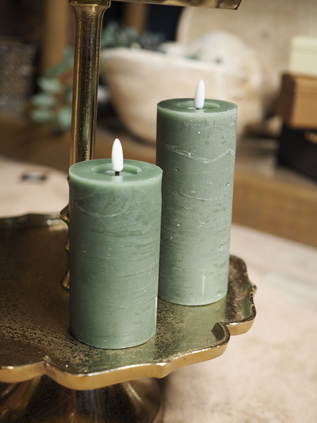 Green LED wax pillar candle (15cmH)