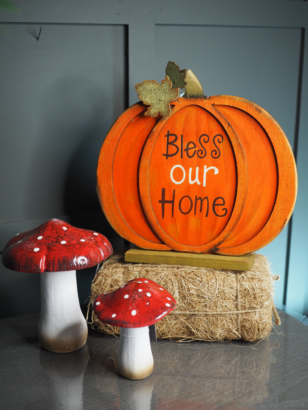' Bless our home'  wooden pumpkin on plinth