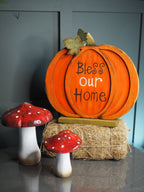 ' Bless our home'  wooden pumpkin on plinth