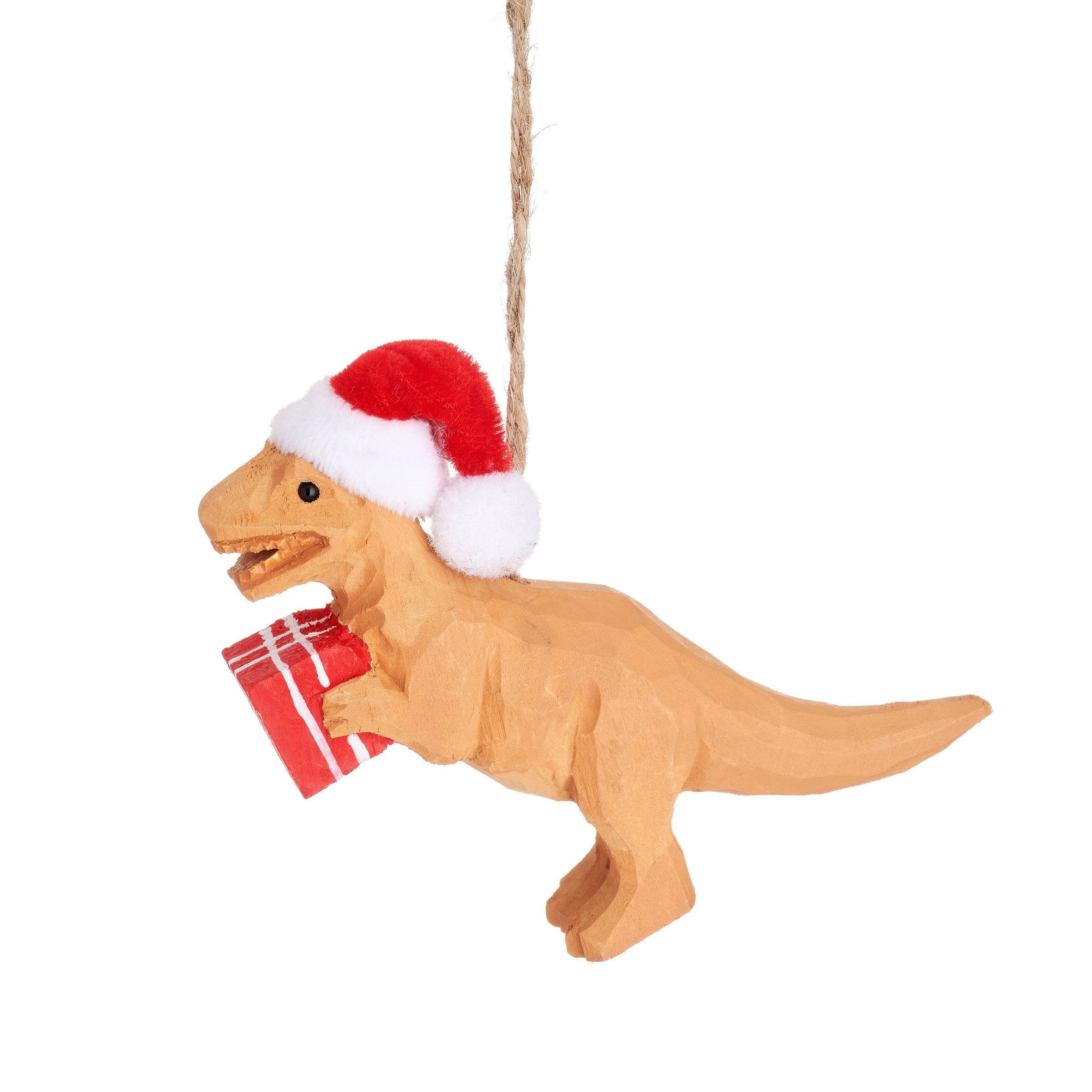 Wooden T Rex with present hanging decoration