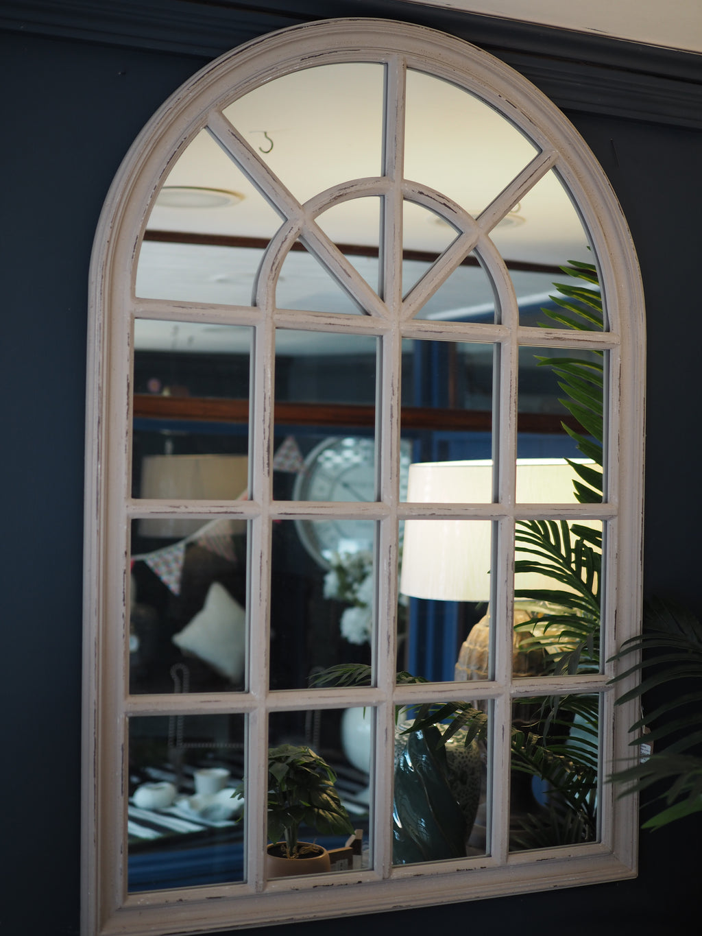 Grey framed window mirror