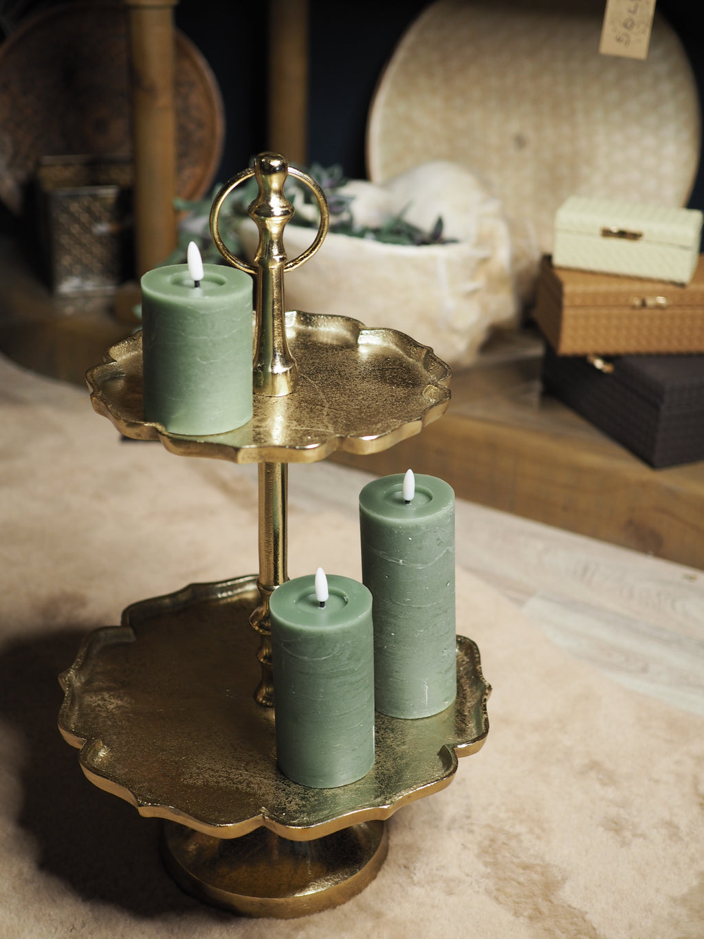 Green LED wax pillar candle (15cmH)