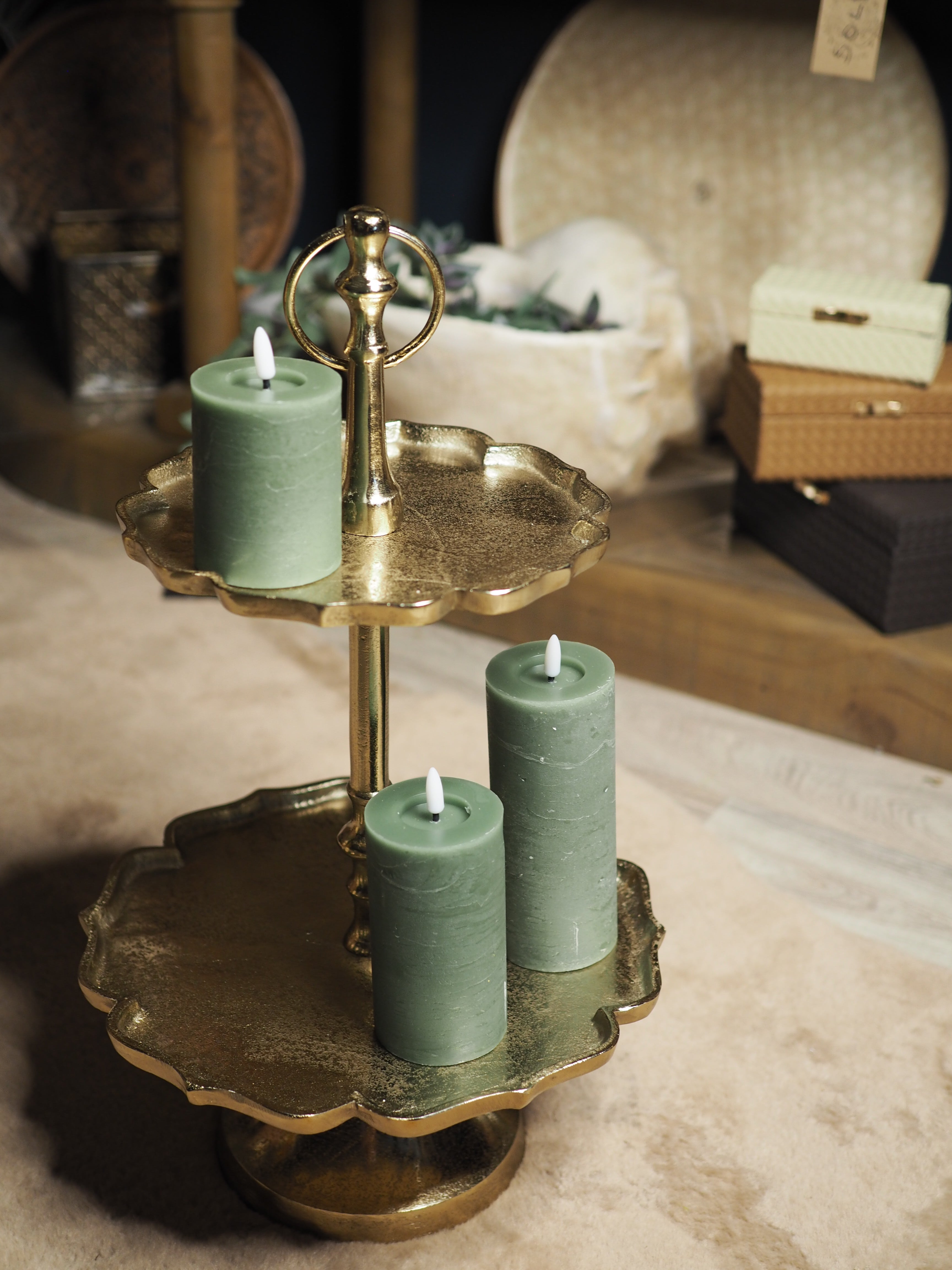 Green LED wax pillar candle (15cmH)