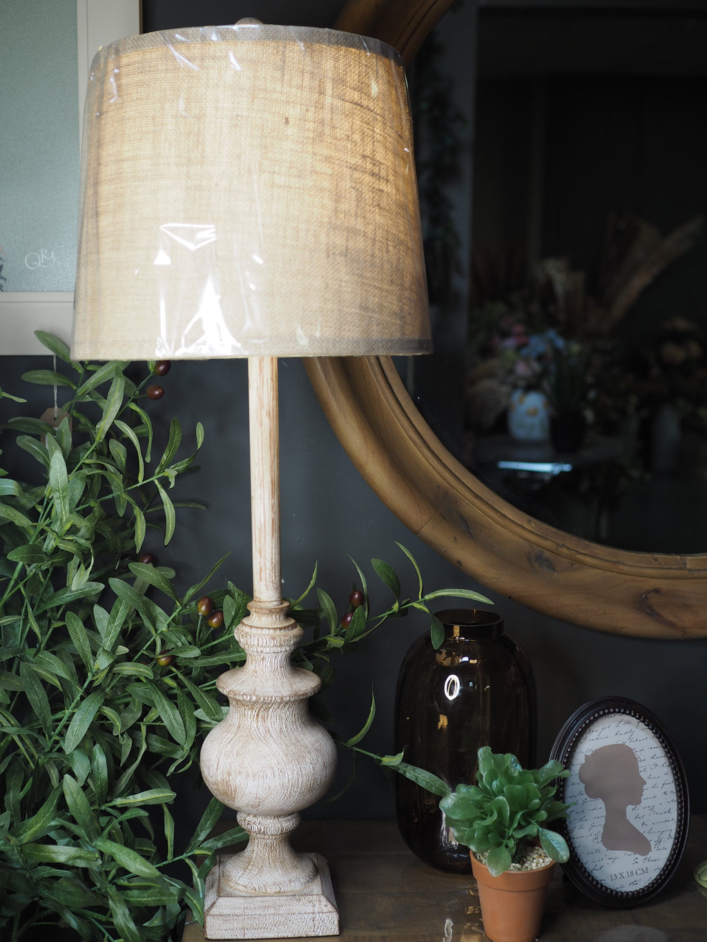 Buffet table lamp with burlap shade