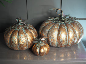 Copper Antiqued Metal Pumpkin Ornament, Large