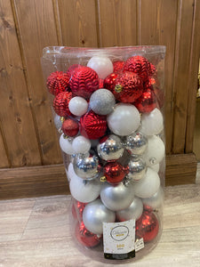 Box of 100 Red, White & Silver shatterproof baubles