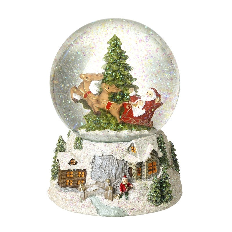 Santa and his sleigh festive snow globe with village scene