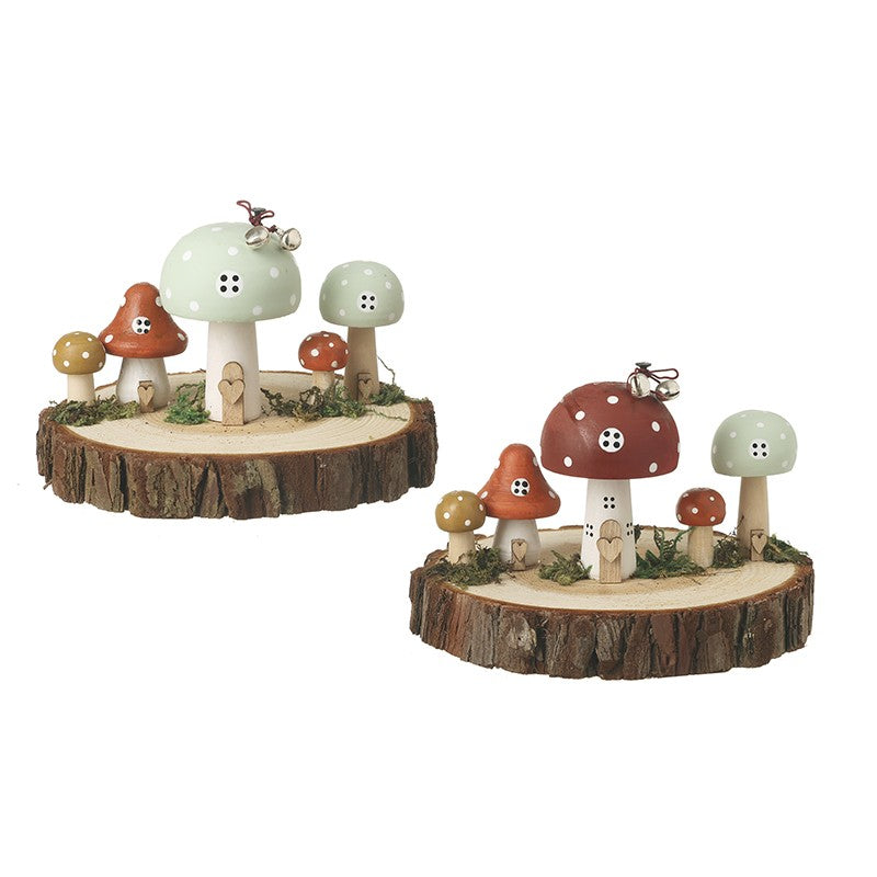 Wooden toadstool houses on log