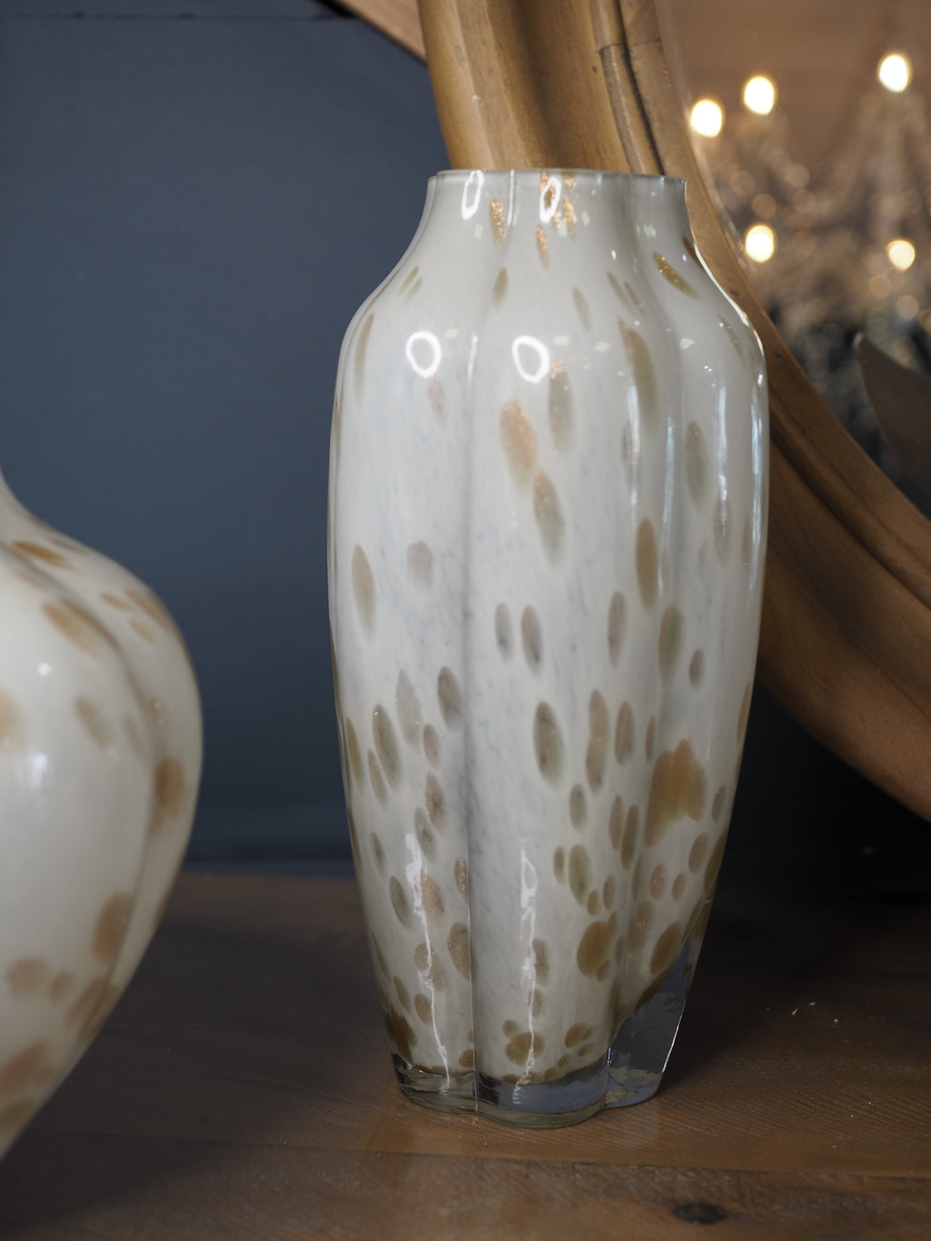 Light grey glass vase with burnished gold spots