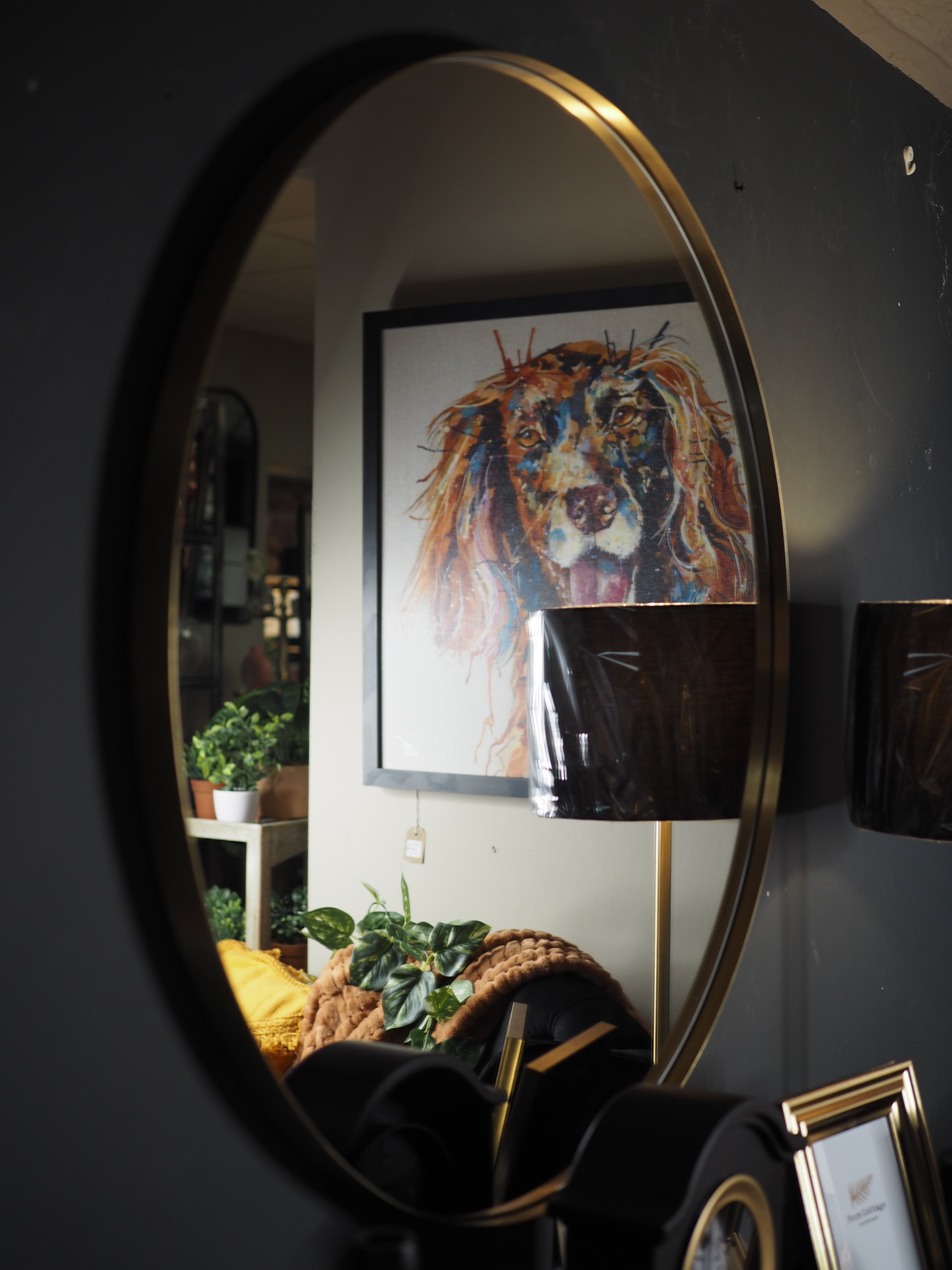 Brushed gold slim frame round wall mirror