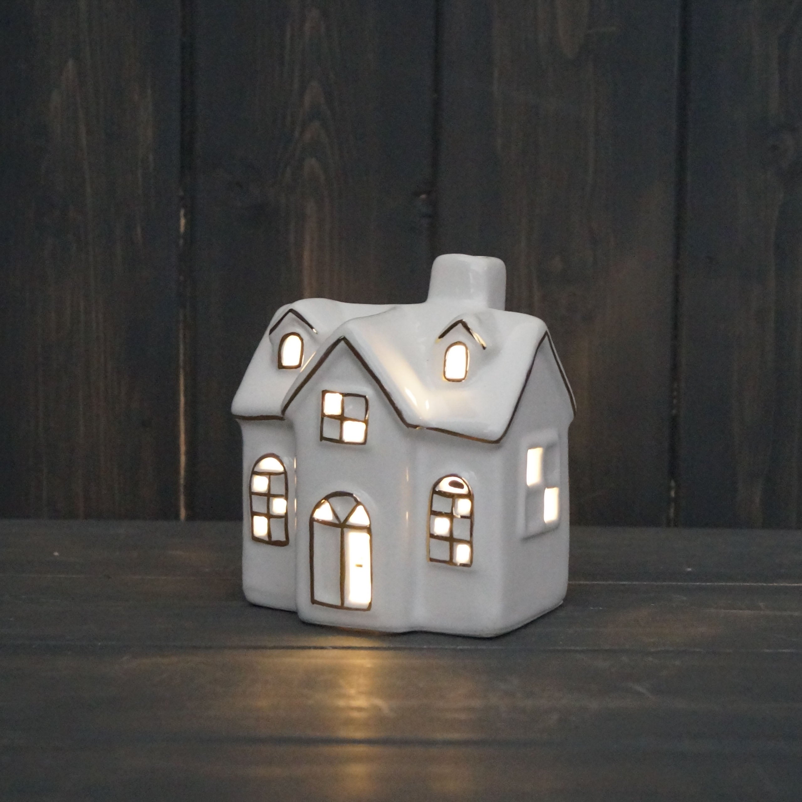 Cream ceramic LED tealight cottage with gold trim