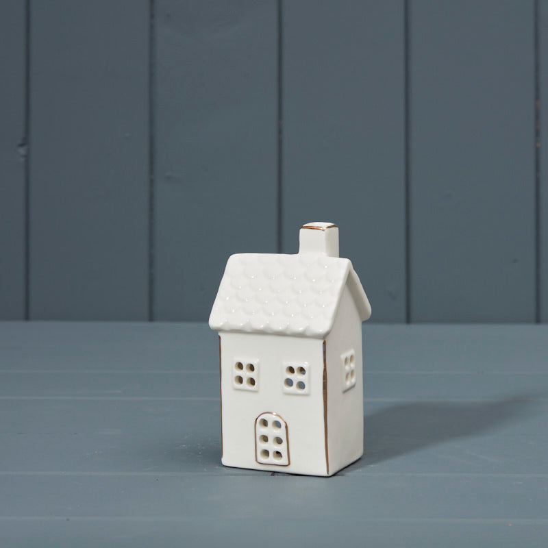 Cream ceramic tealight house with gold trim