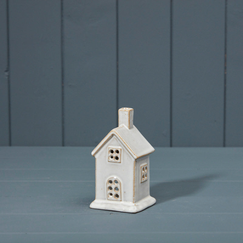 Small off white ceramic house tealight holder with tall chimney