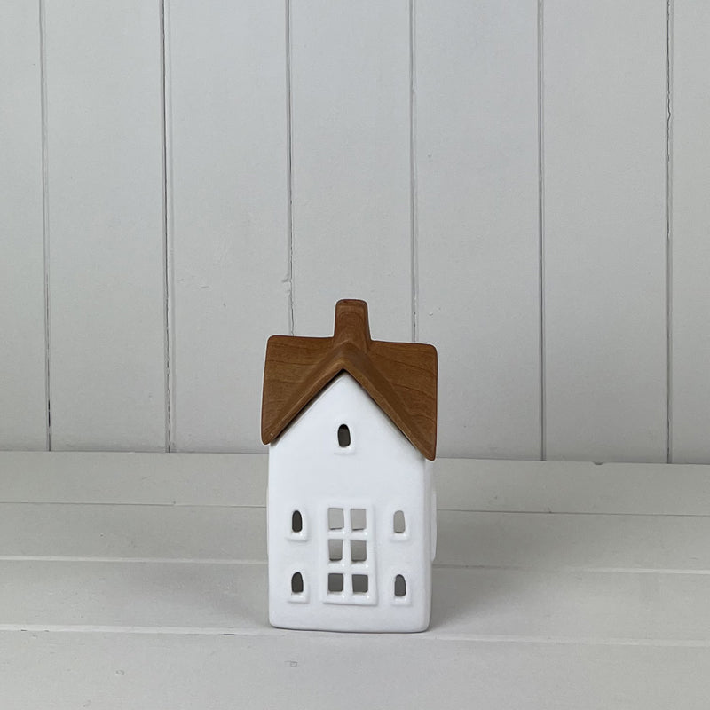 Wood effect ceramic house tealight holder