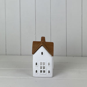 Wood effect ceramic house tealight holder