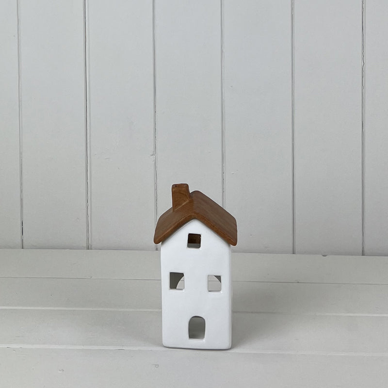 Wood effect ceramic house tealight holder