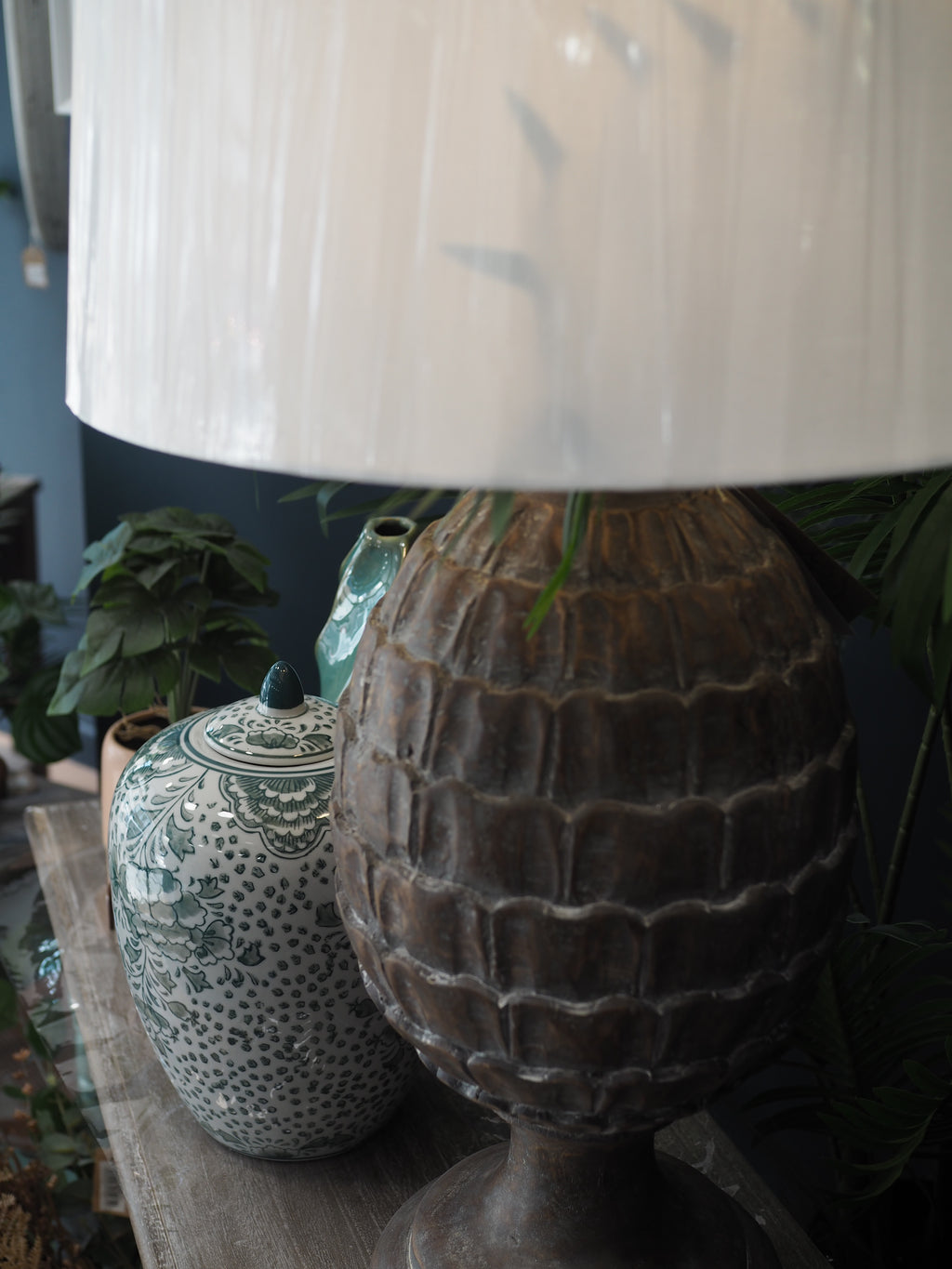 Large wood pinecone lamp base with cream shade