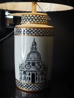 Black and white ceramic table lamp with black shade