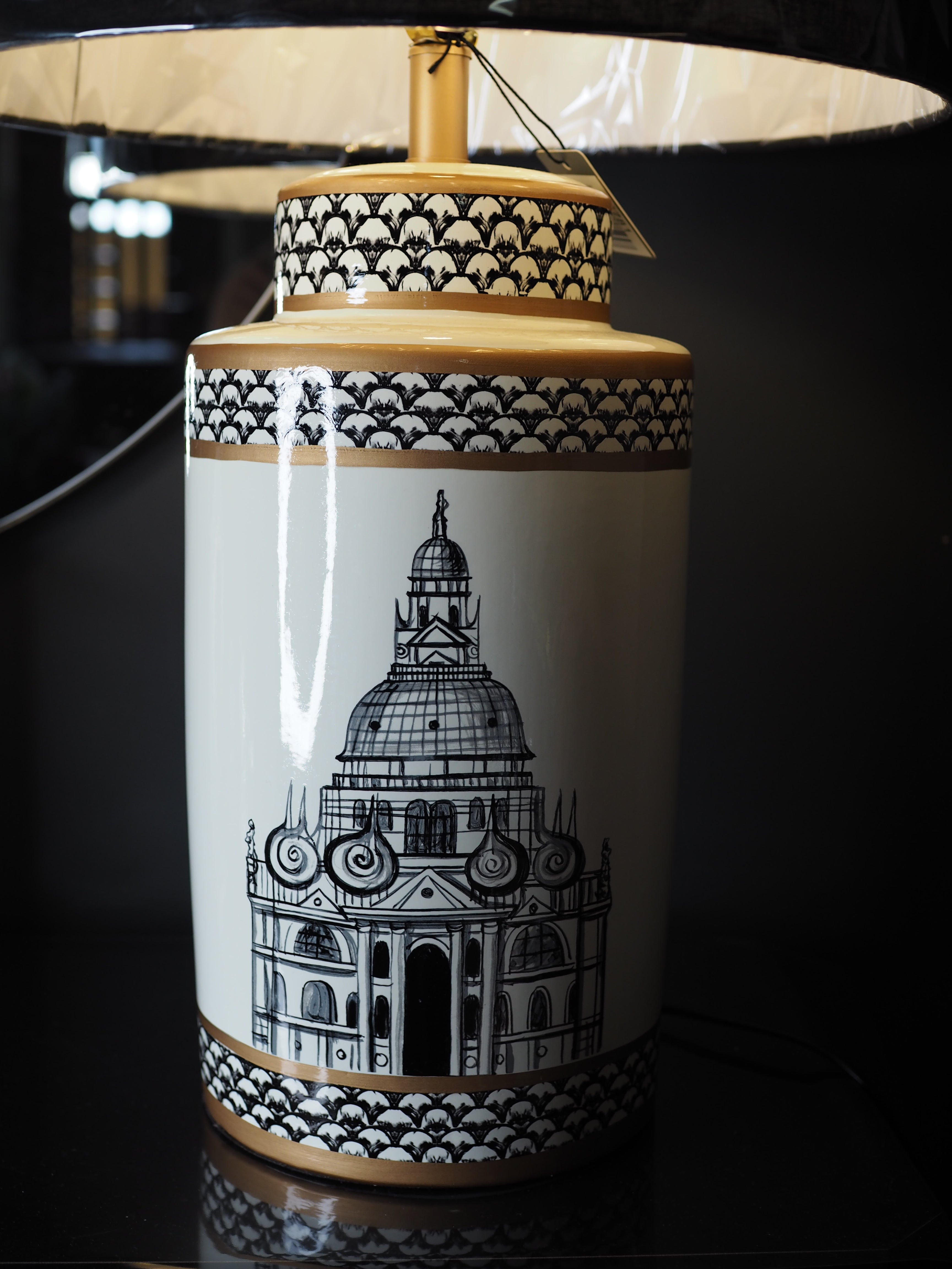 Black and white ceramic table lamp with black shade