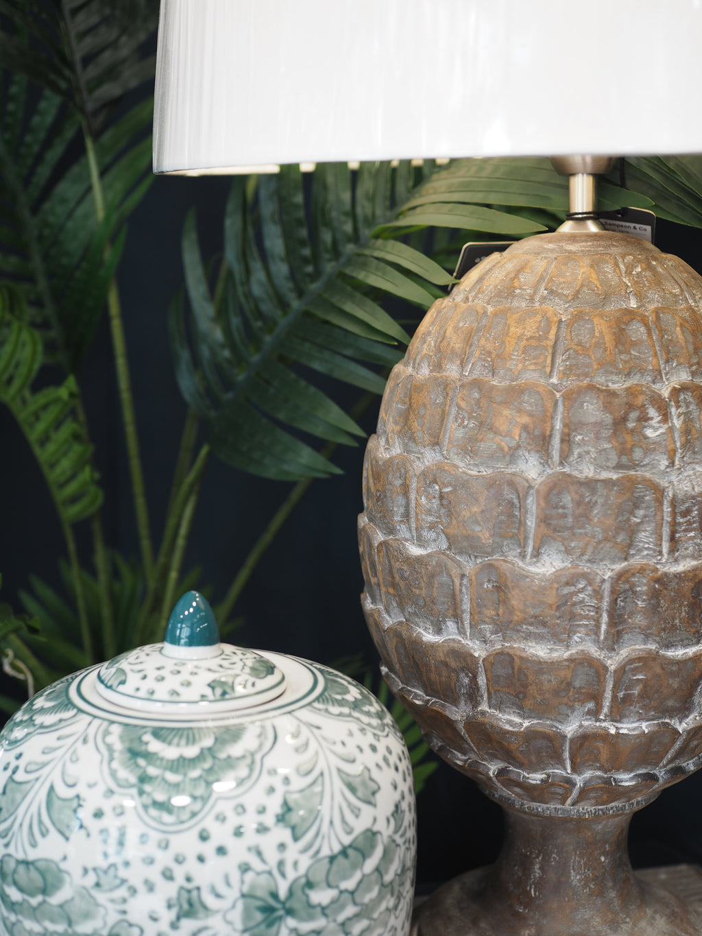 Large wood pinecone lamp base with cream shade