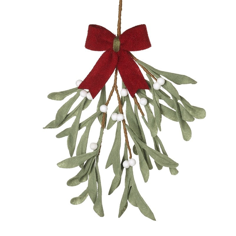 Green felt mistletoe with red bow hanging dec