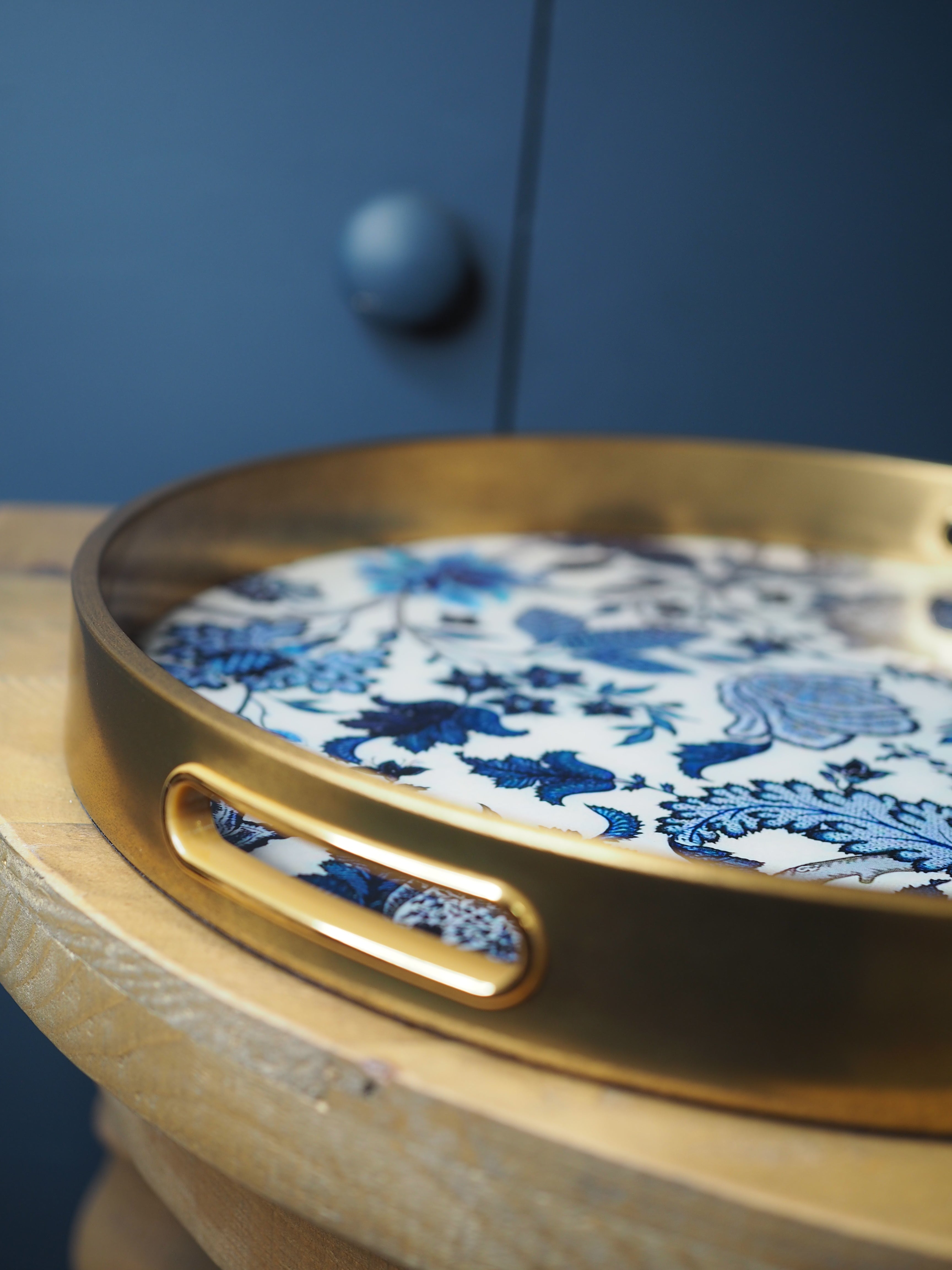 Blue and cream floral print tray with gold rim