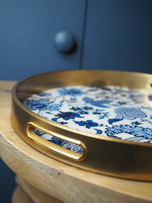 Blue and cream floral print tray with gold rim