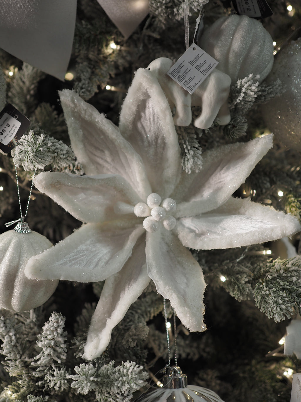 Clip On White Velvet Poinsettia Decoration with Artificial Fur