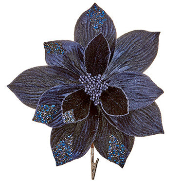 29cm dark blue velvet clip on poinsettia with gold sequins