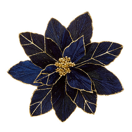 29cm Midnight blue clip on poinsettia with gold glitter