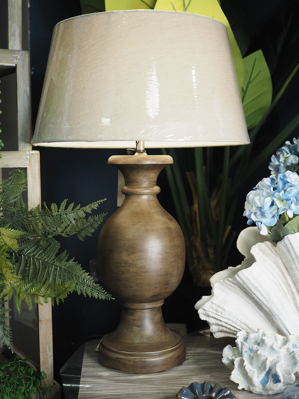 Rich wood bulbous lamp base and shade