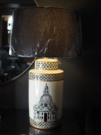 Black and white ceramic table lamp with black shade