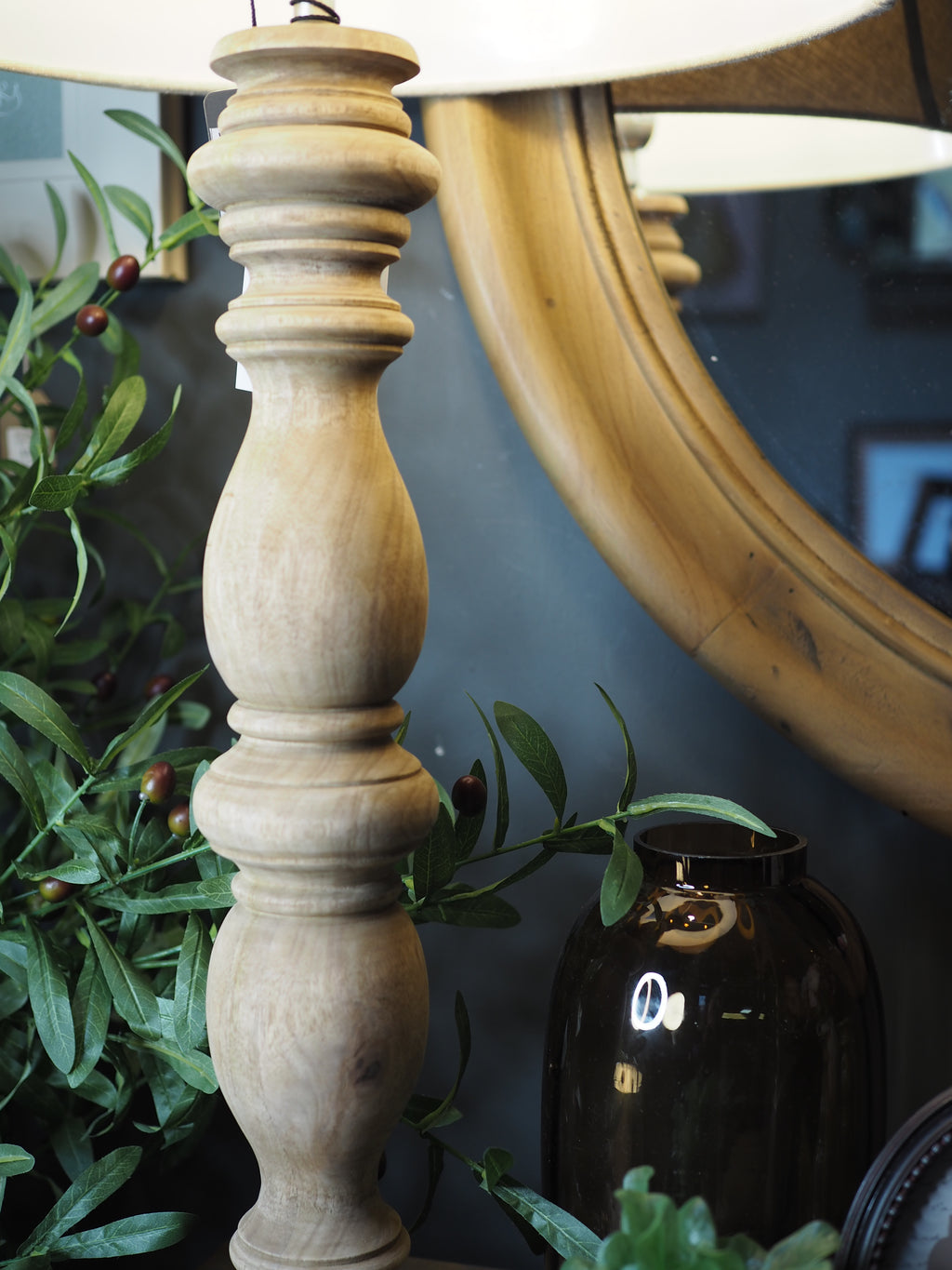 Natural wooden base table lamp with linen shade