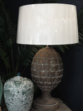 Large wood pinecone lamp base with cream shade