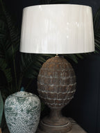 Large wood pinecone lamp base with cream shade