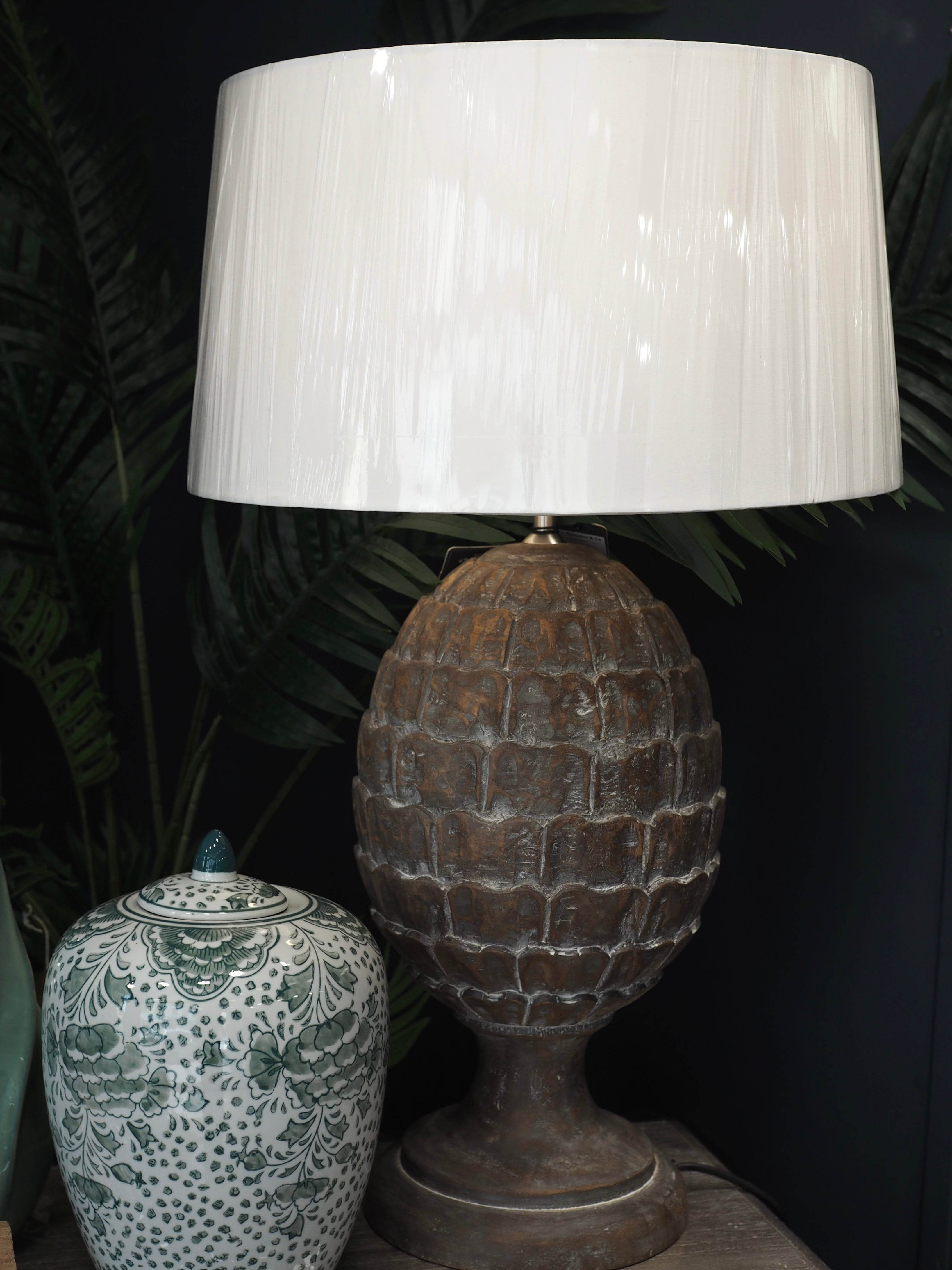 Large wood pinecone lamp base with cream shade