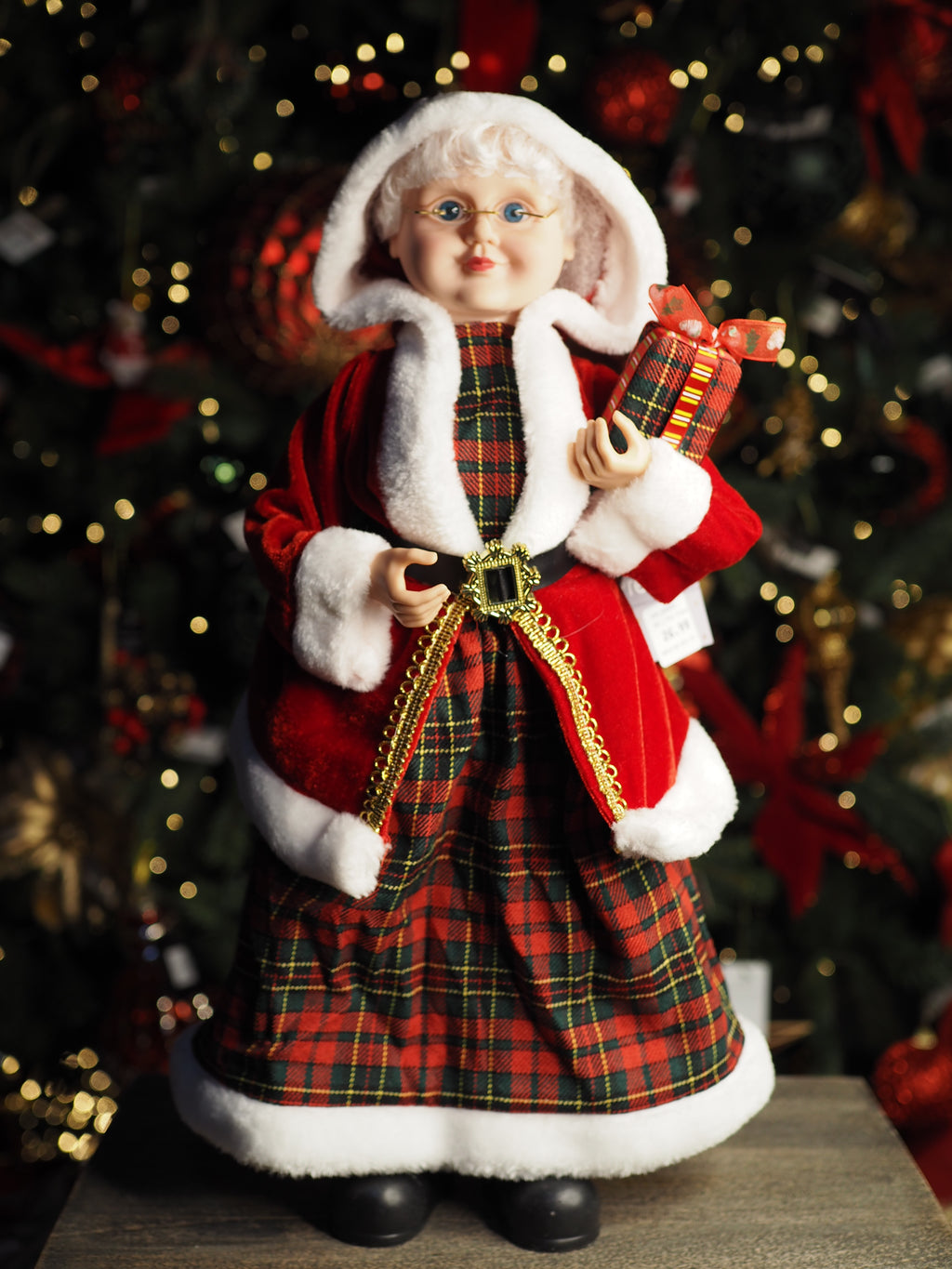Santa with plaid hat and present