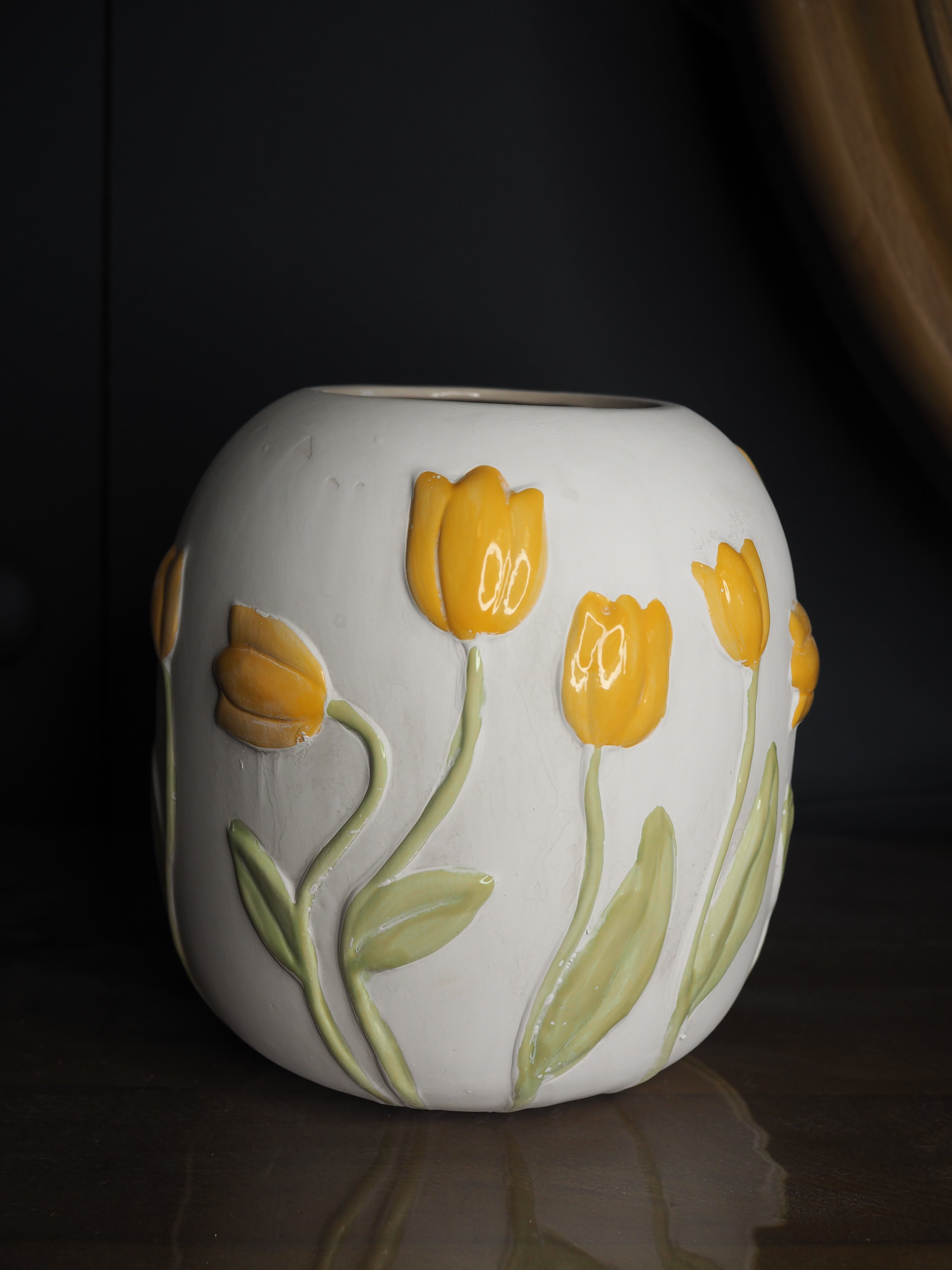 Yellow tulip stoneware vase