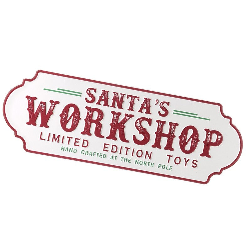 White Santa's workshop metal sign