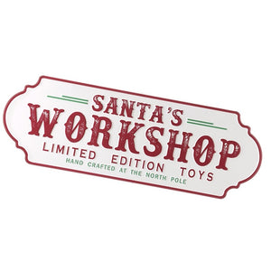 White Santa's workshop metal sign