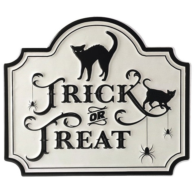 White trick or treat metal sign