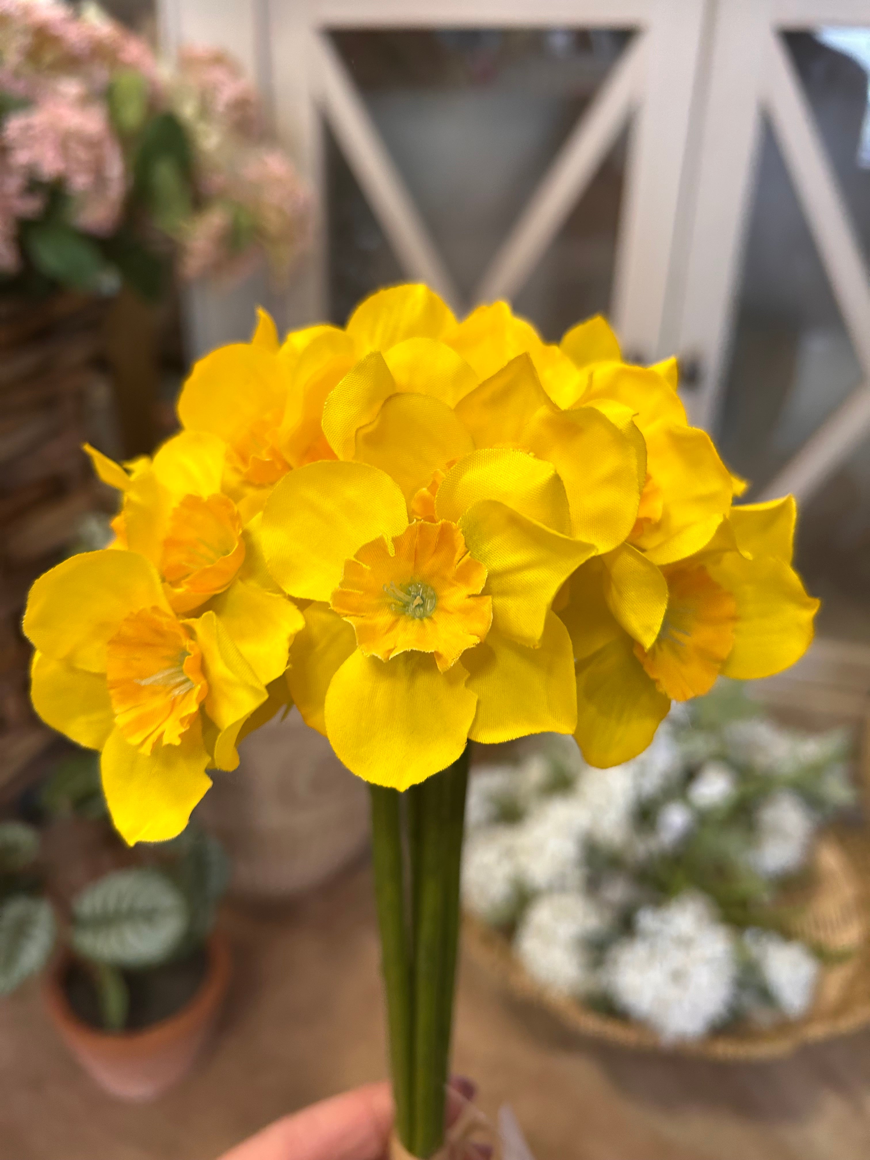 Hand tie bunch of mini daffodils in yellow or white