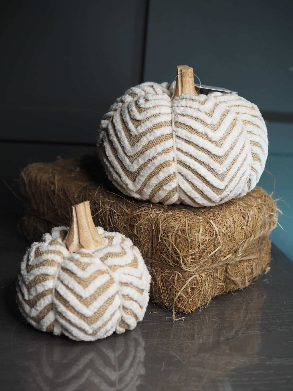 Large jute pumpkin with wooden stem