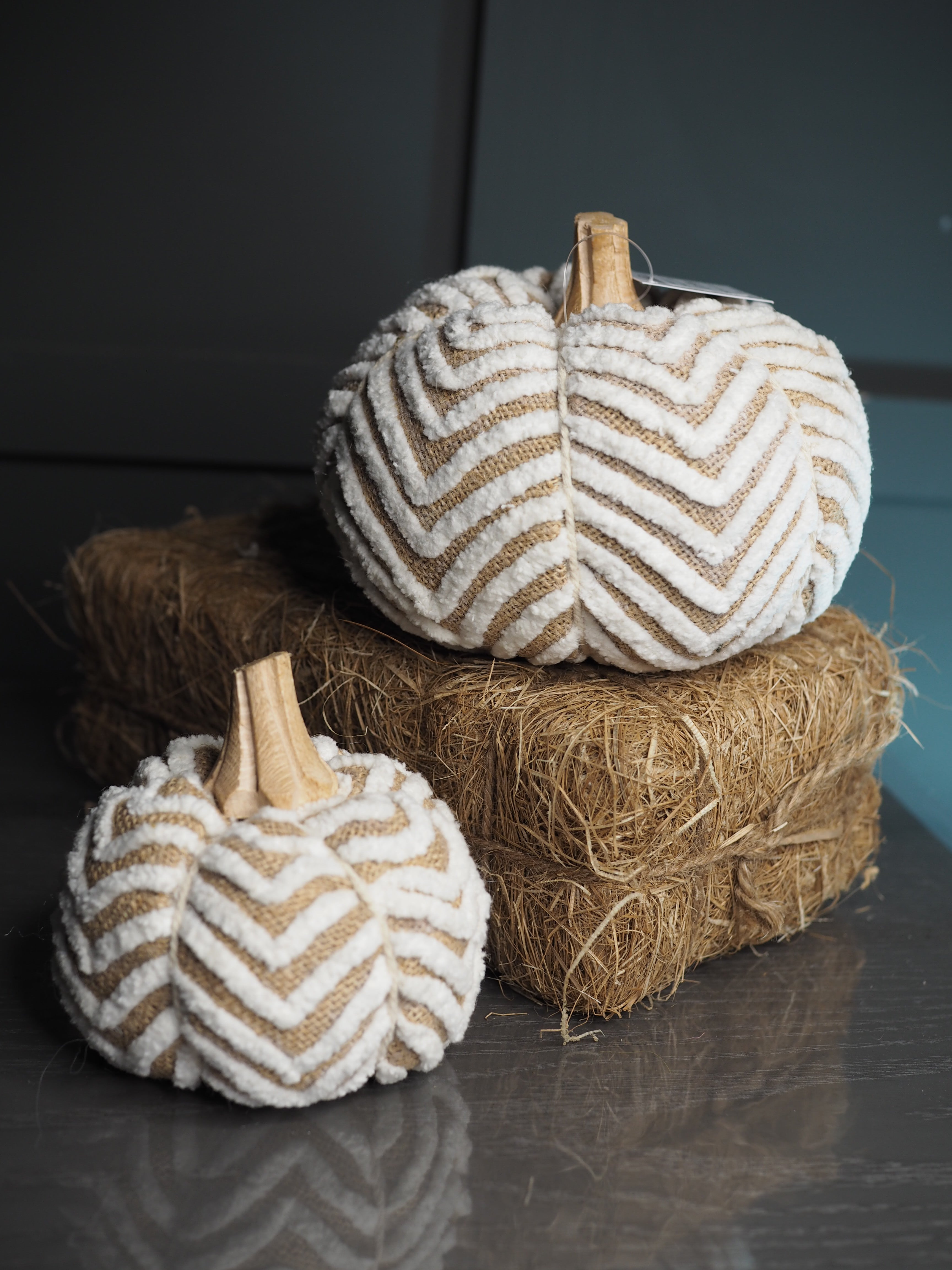 Large jute pumpkin with wooden stem