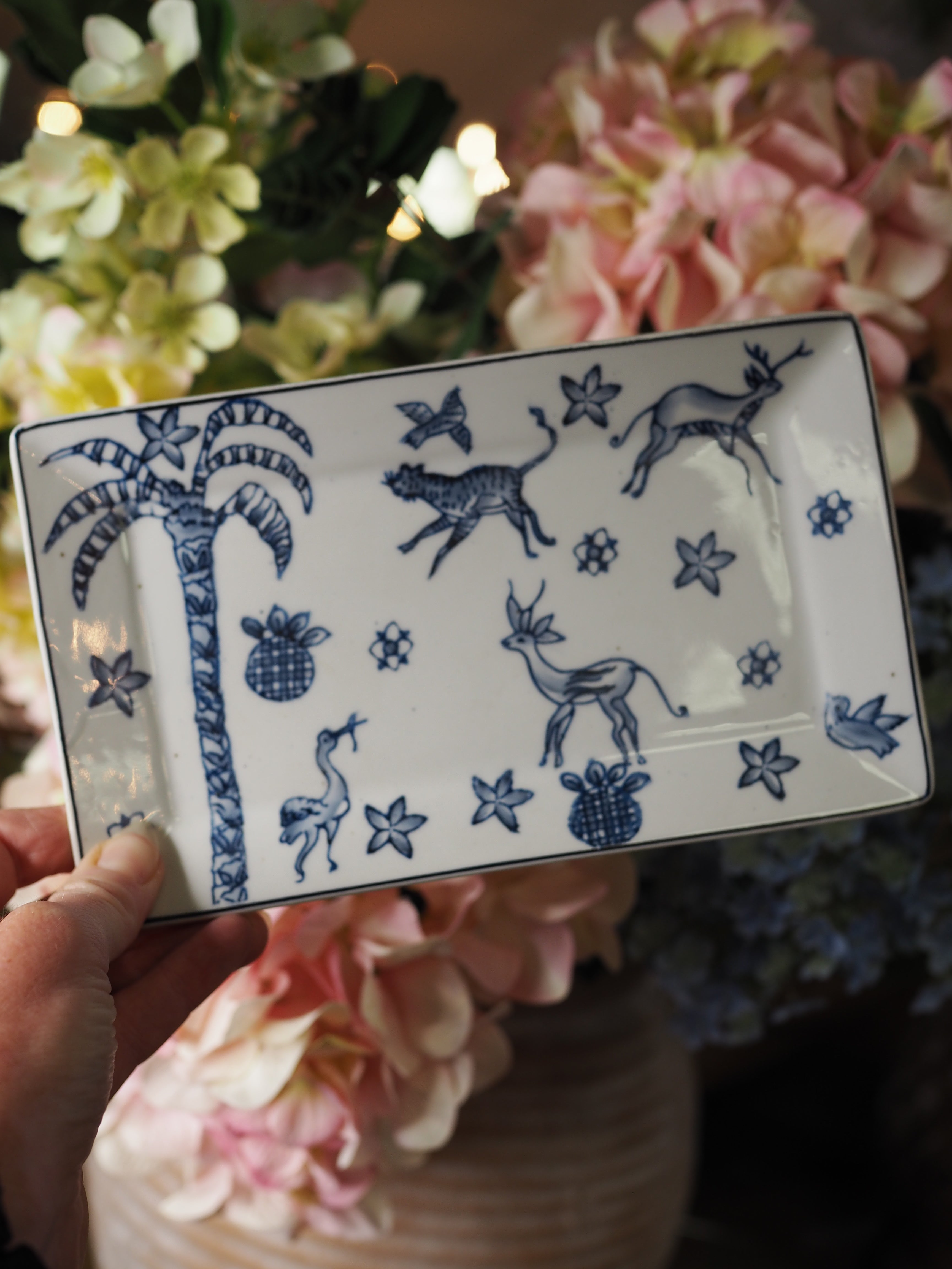 Blue & white palm tree trinket plate