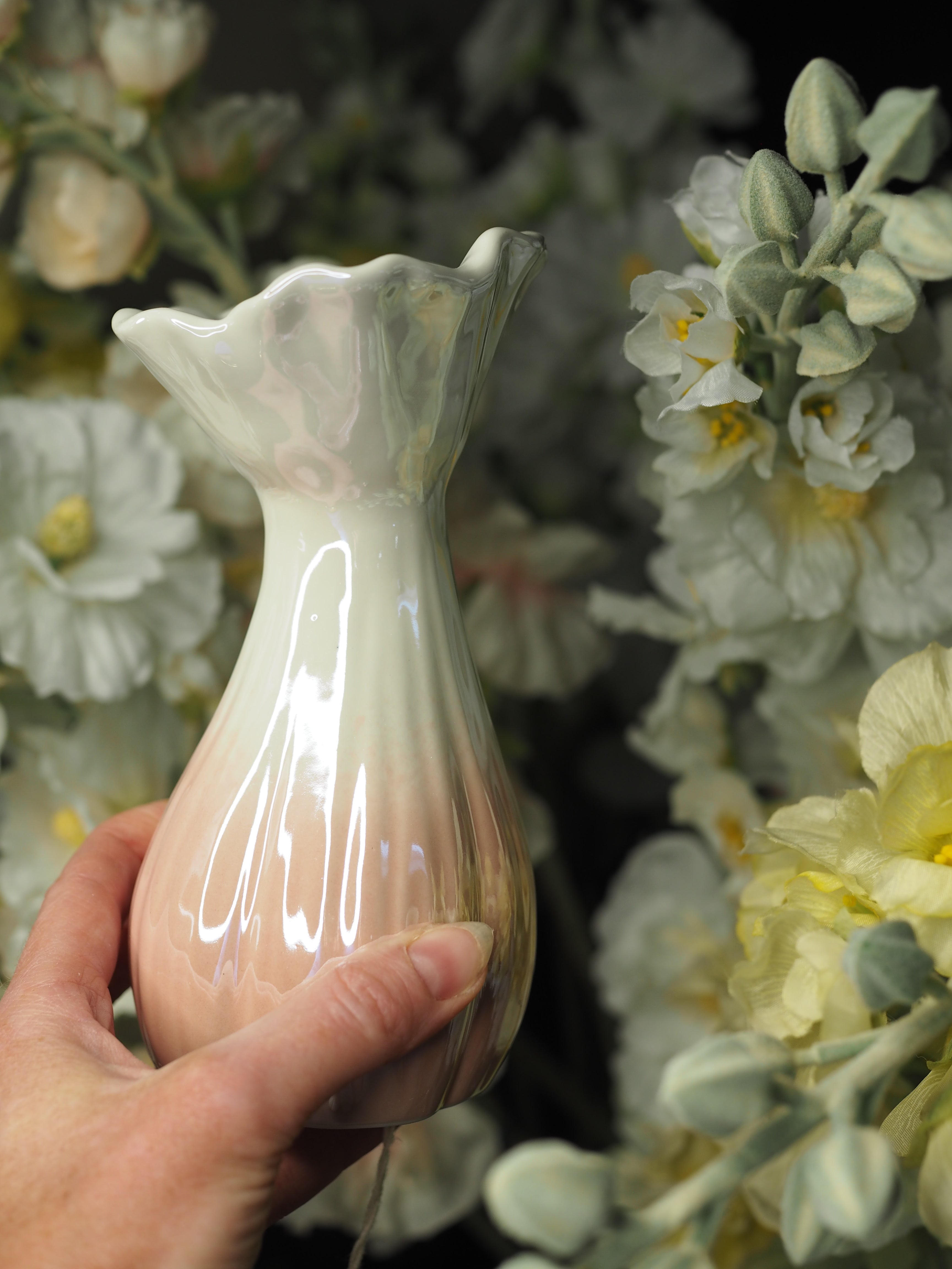 Pink and cream vase with iridescent finish